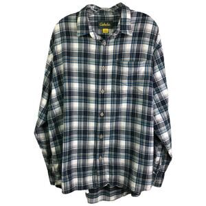 Cabela's Flannel Shirt Mens XL Black White Green Plaid Button Down Shirt Cozy
